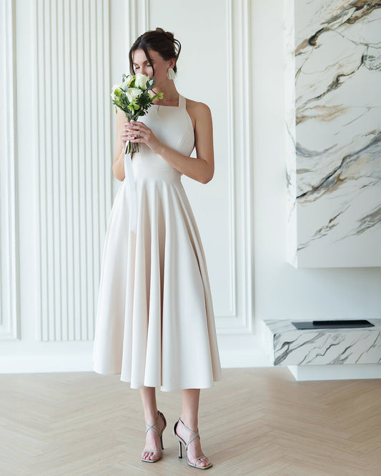 Julie Beige Halter Neck Midi Dress