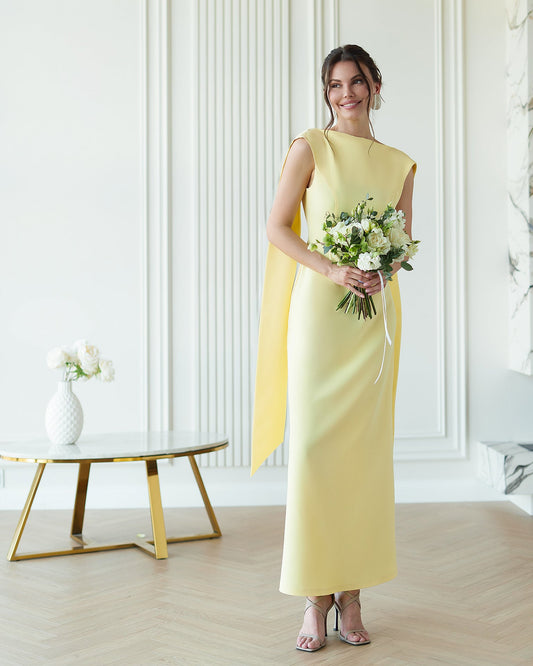 Yellow Boat-Neck Sleeveless Open-Back Maxi Dress