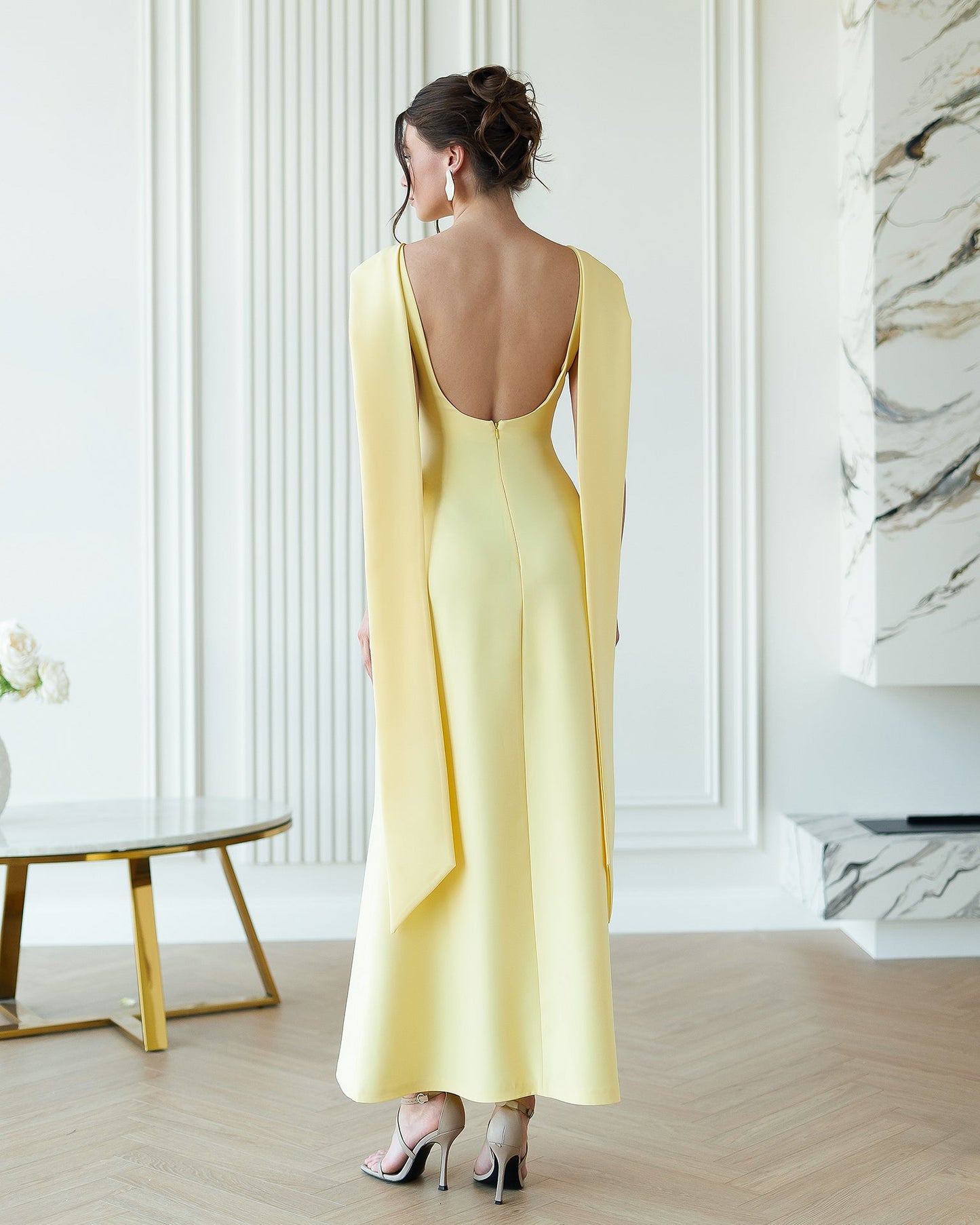 Yellow Boat-Neck Sleeveless Open-Back Maxi Dress