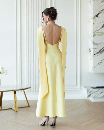 Yellow Boat-Neck Sleeveless Open-Back Maxi Dress
