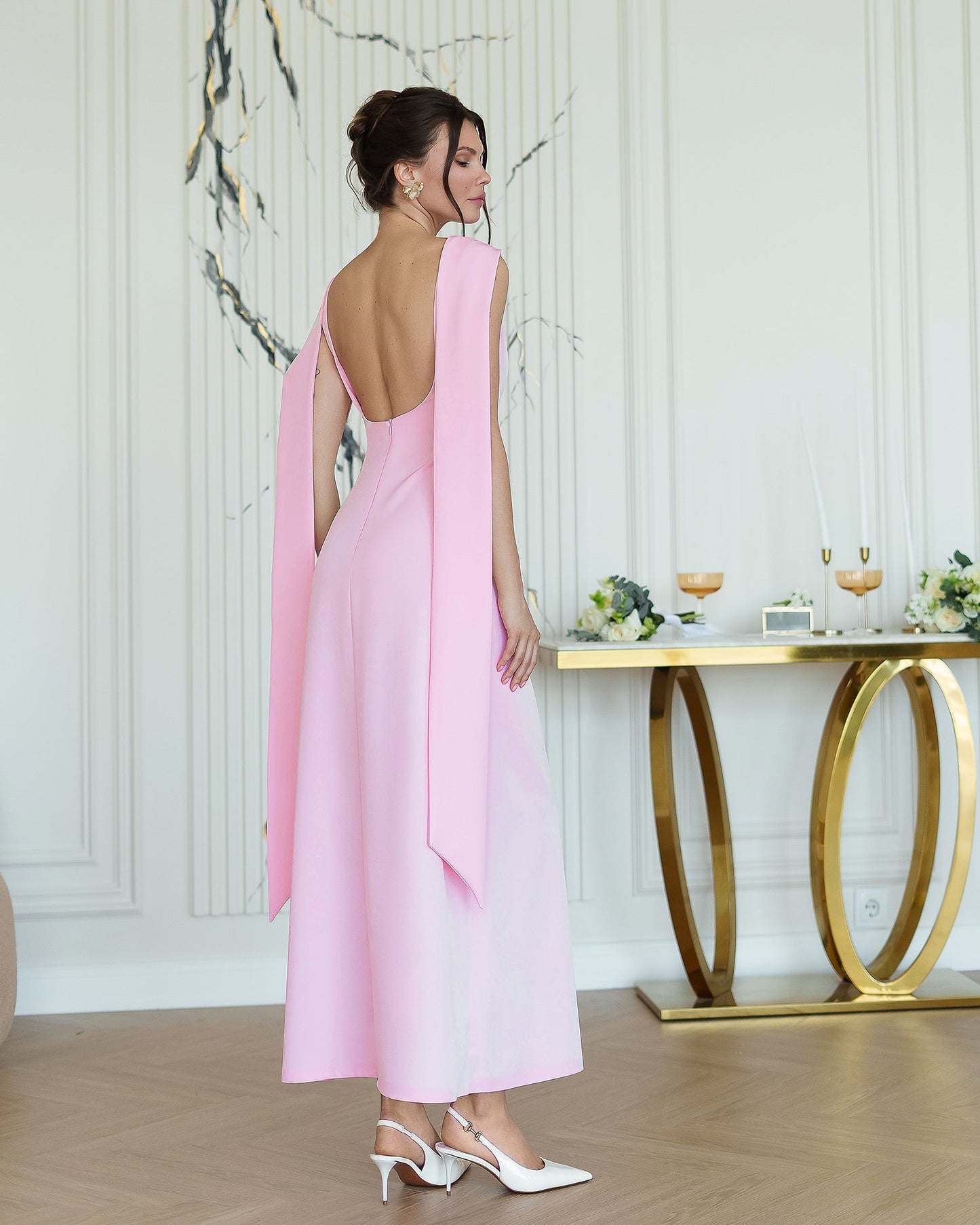 Pink Boat-Neck Sleeveless Open-Back Maxi Dress