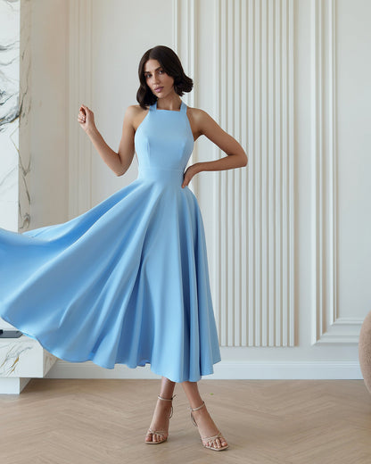 Julie Sky-Blue Halter Neck Midi Dress