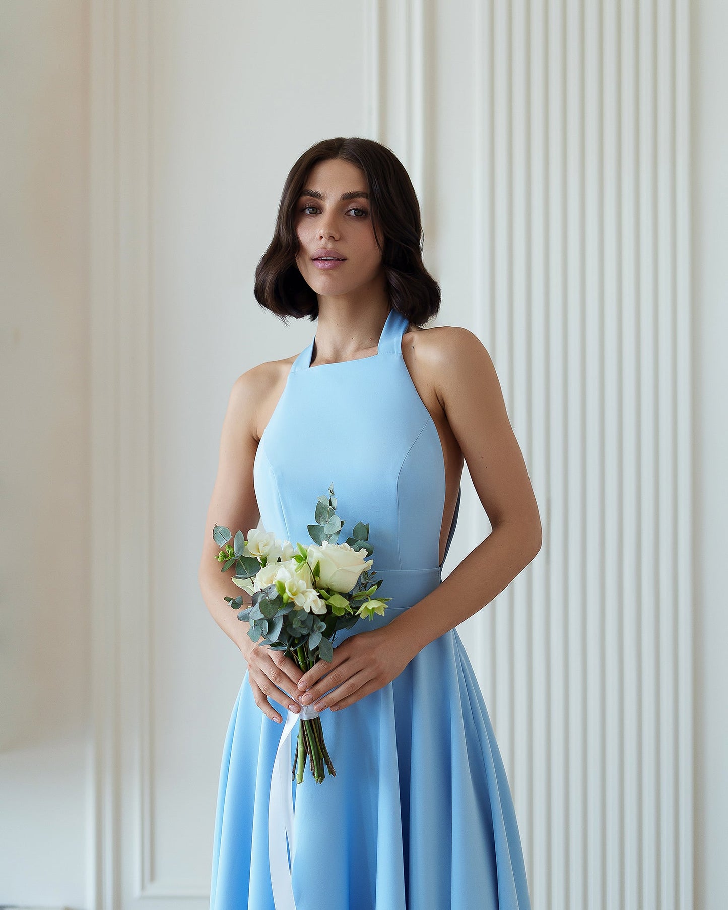 Julie Sky-Blue Halter Neck Midi Dress