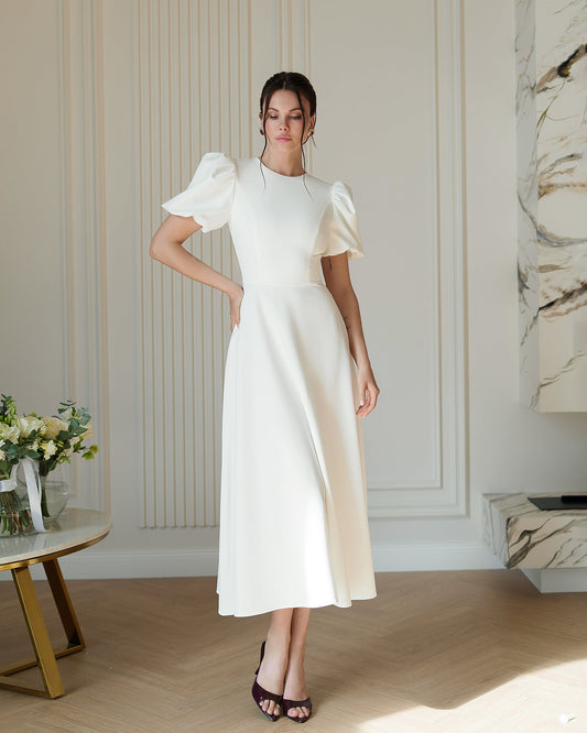 White Round-Neck Puff Sleeve Midi Dress