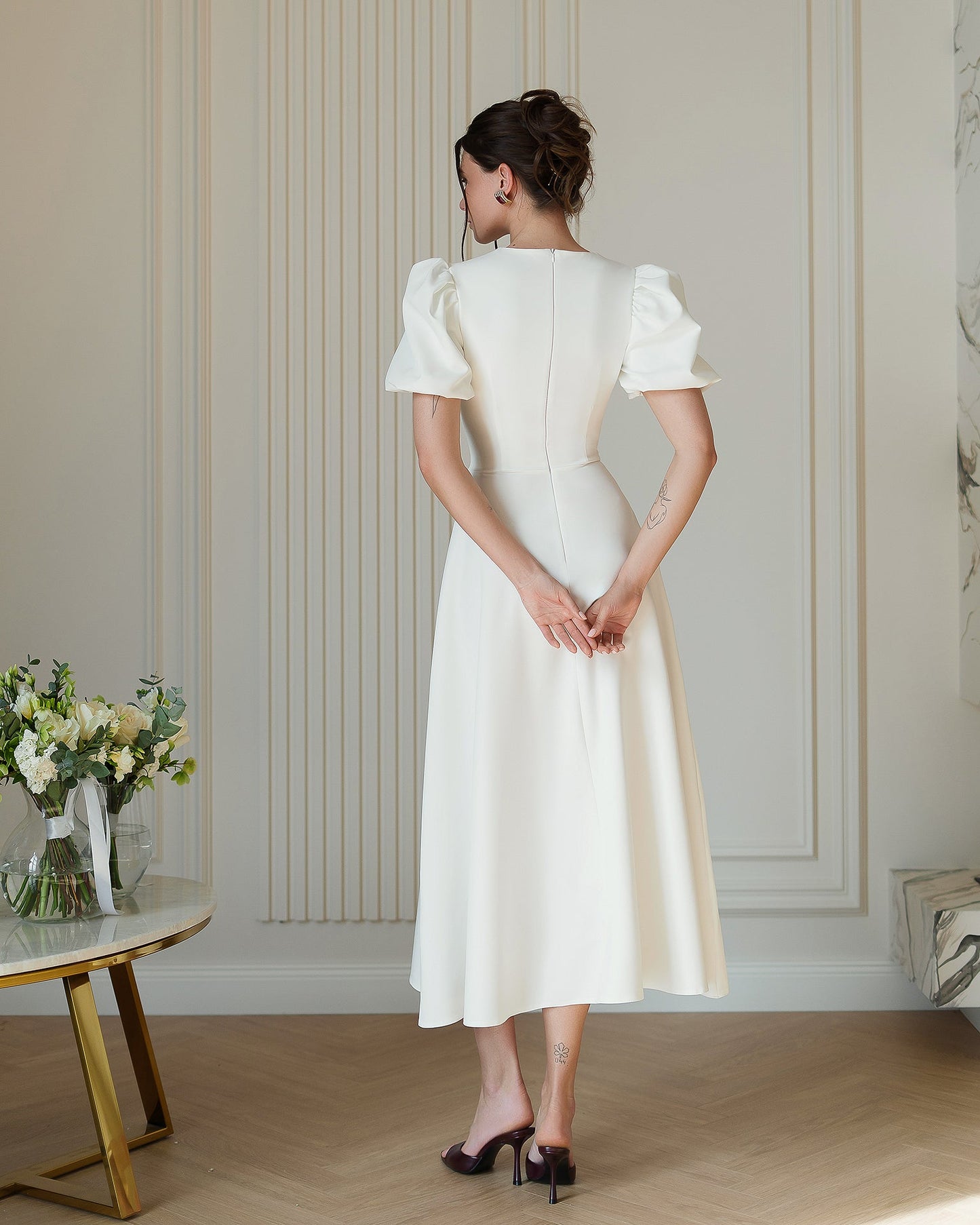 White Round-Neck Puff Sleeve Midi Dress