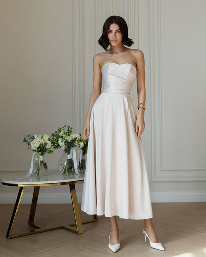 Nova Beige Satin Strapless Sweetheart Midi Dress