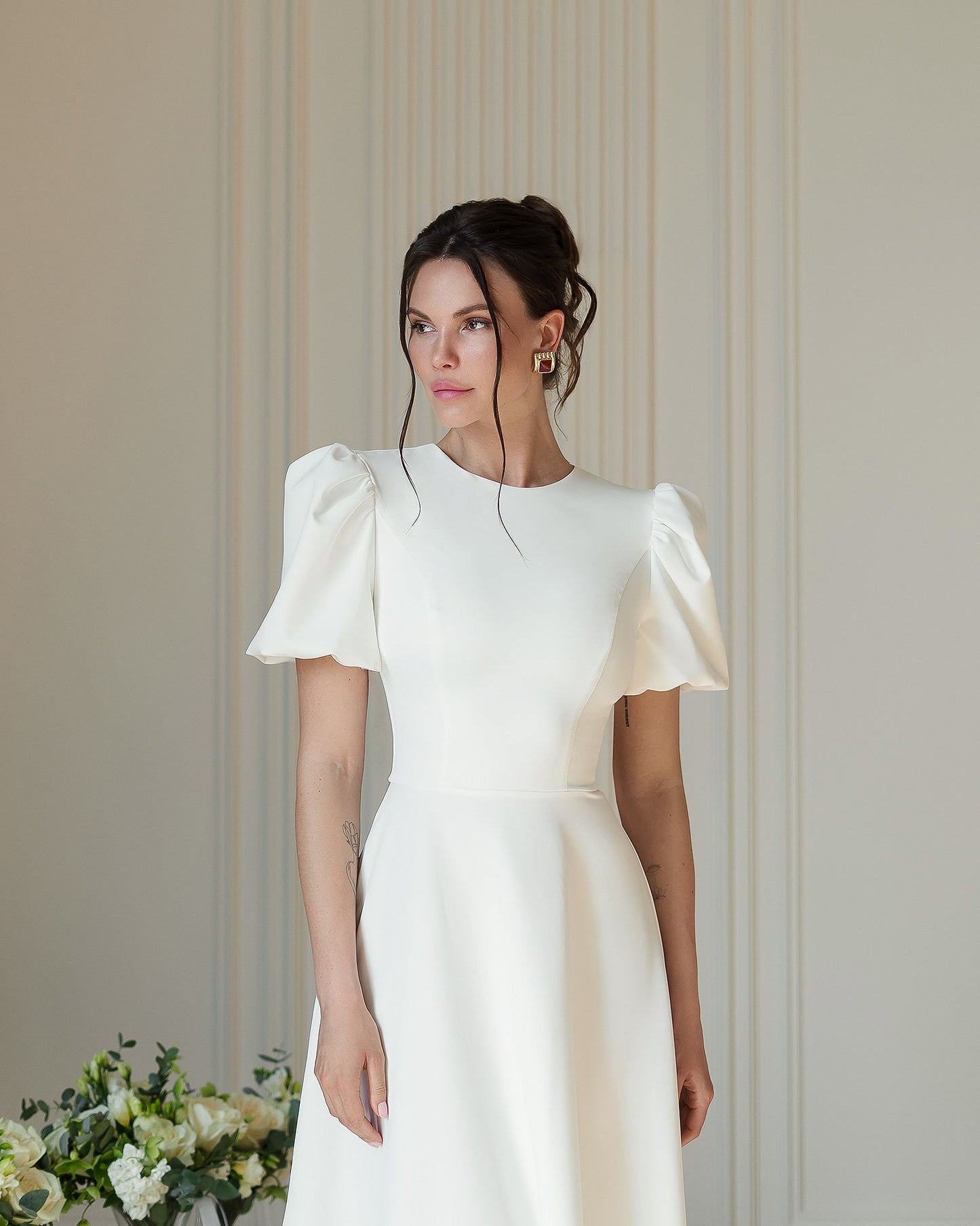 White Round-Neck Puff Sleeve Midi Dress