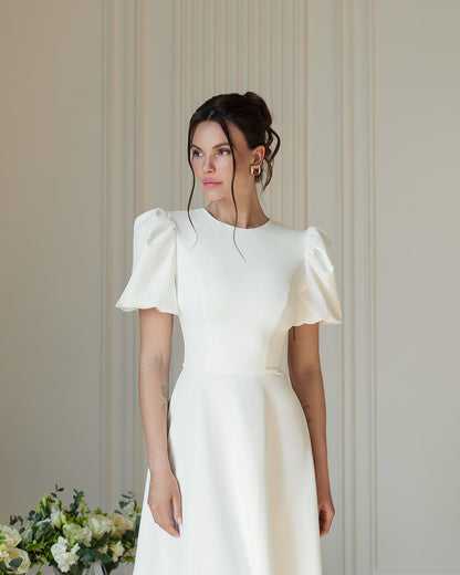 White Round-Neck Puff Sleeve Midi Dress