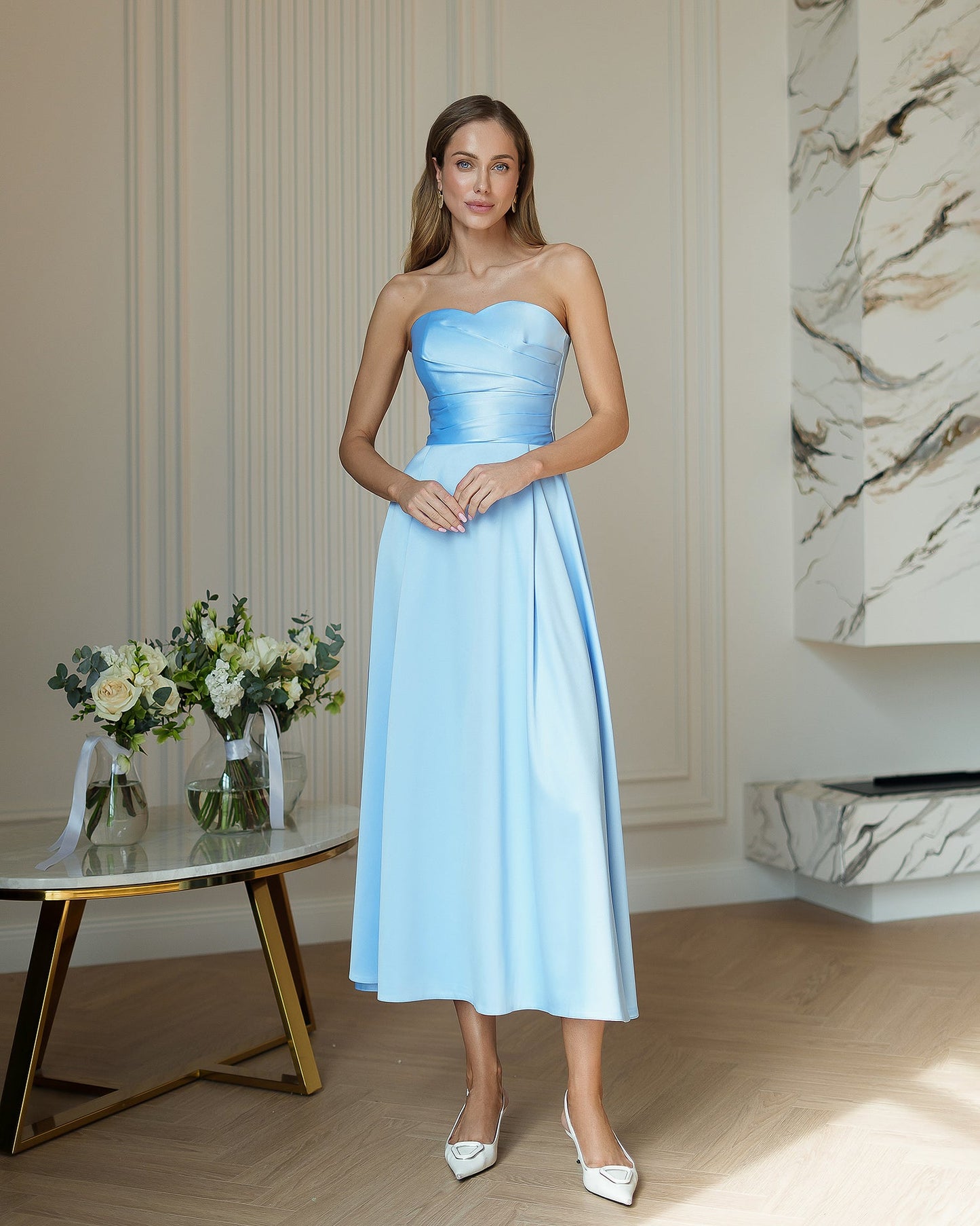 Nova Sky-Blue Satin Strapless Sweetheart Midi Dress