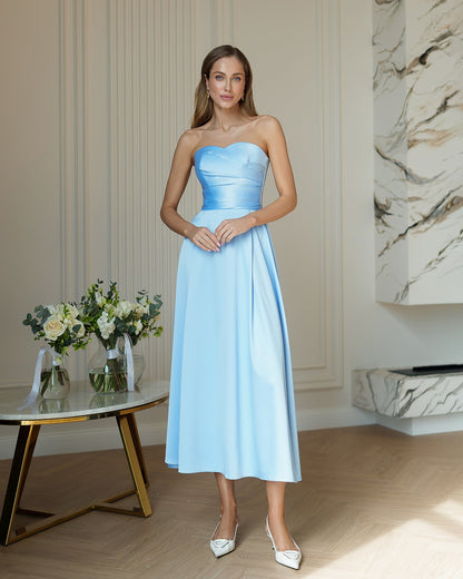 Nova Sky-Blue Satin Strapless Sweetheart Midi Dress