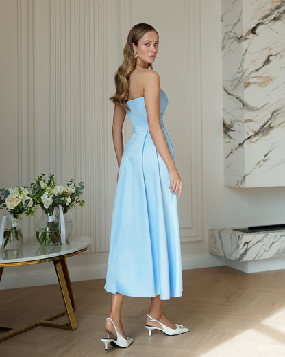 Nova Sky-Blue Satin Strapless Sweetheart Midi Dress