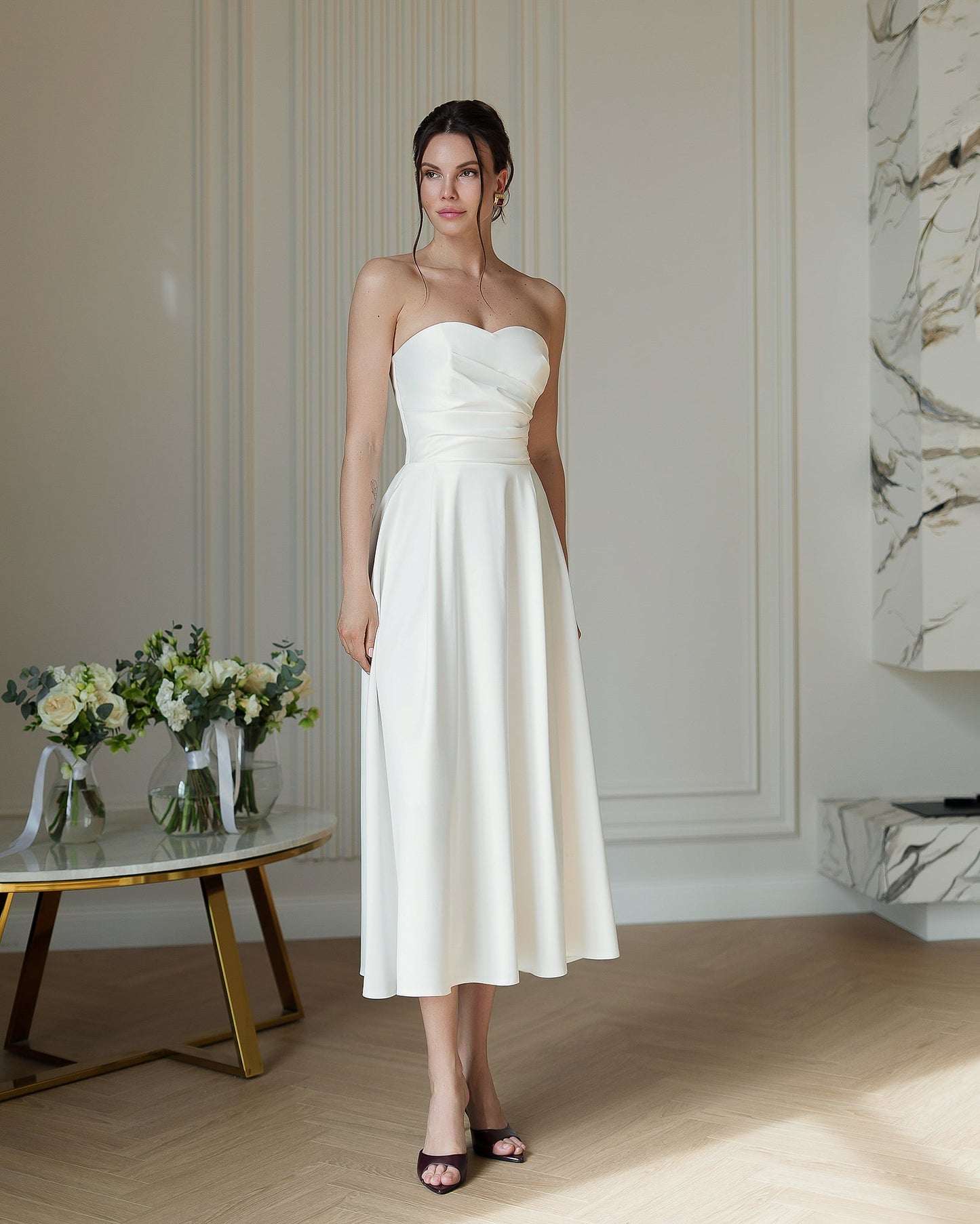 Nova White Satin Strapless Sweetheart Midi Dress