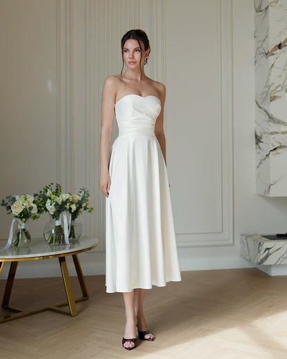 Nova White Satin Strapless Sweetheart Midi Dress
