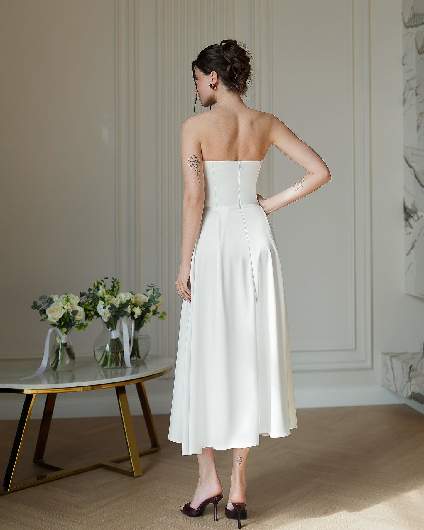 Nova White Satin Strapless Sweetheart Midi Dress