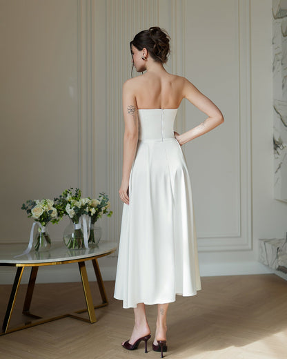 Nova White Satin Strapless Sweetheart Midi Dress