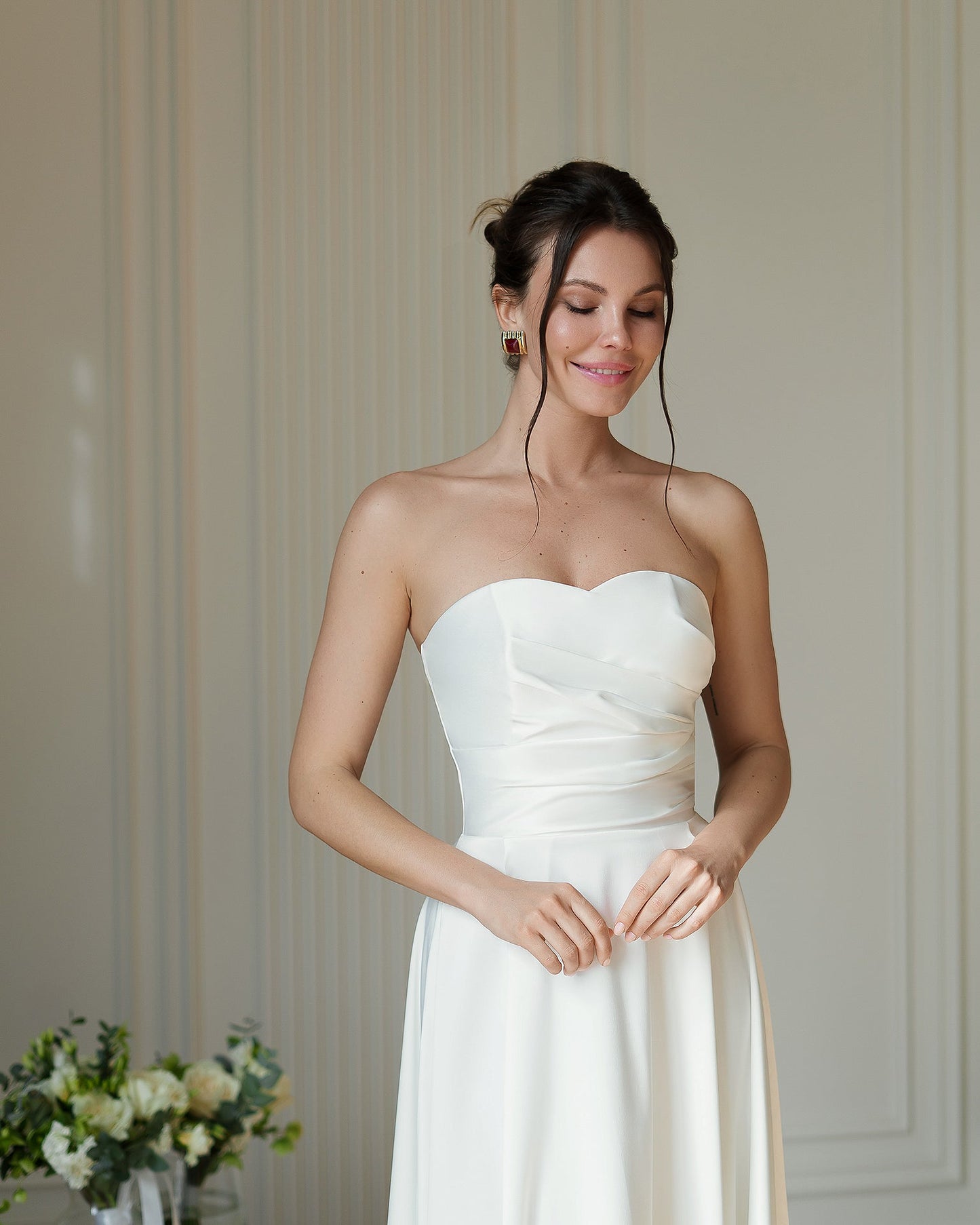 Nova White Satin Strapless Sweetheart Midi Dress