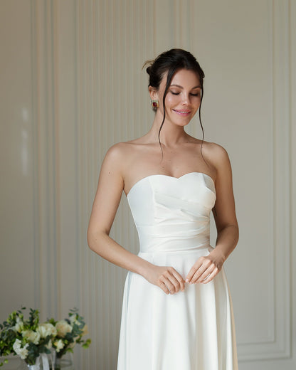 Nova White Satin Strapless Sweetheart Midi Dress