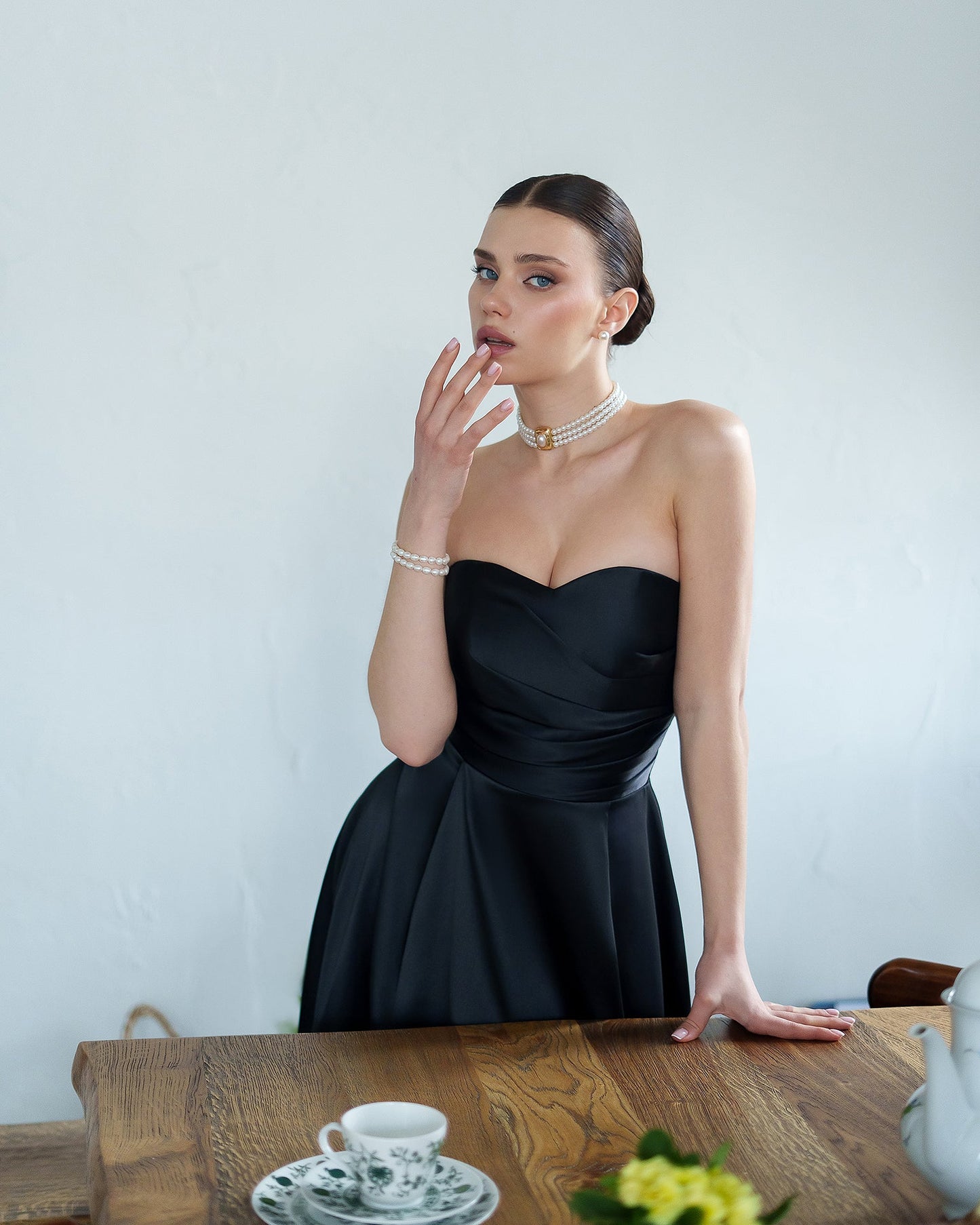 Nova Black Satin Strapless Sweetheart Midi Dress