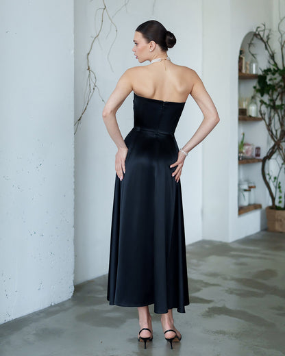 Nova Black Satin Strapless Sweetheart Midi Dress