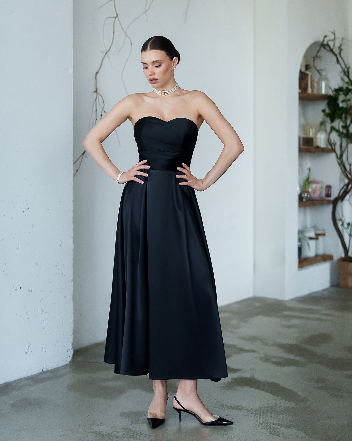 Nova Black Satin Strapless Sweetheart Midi Dress