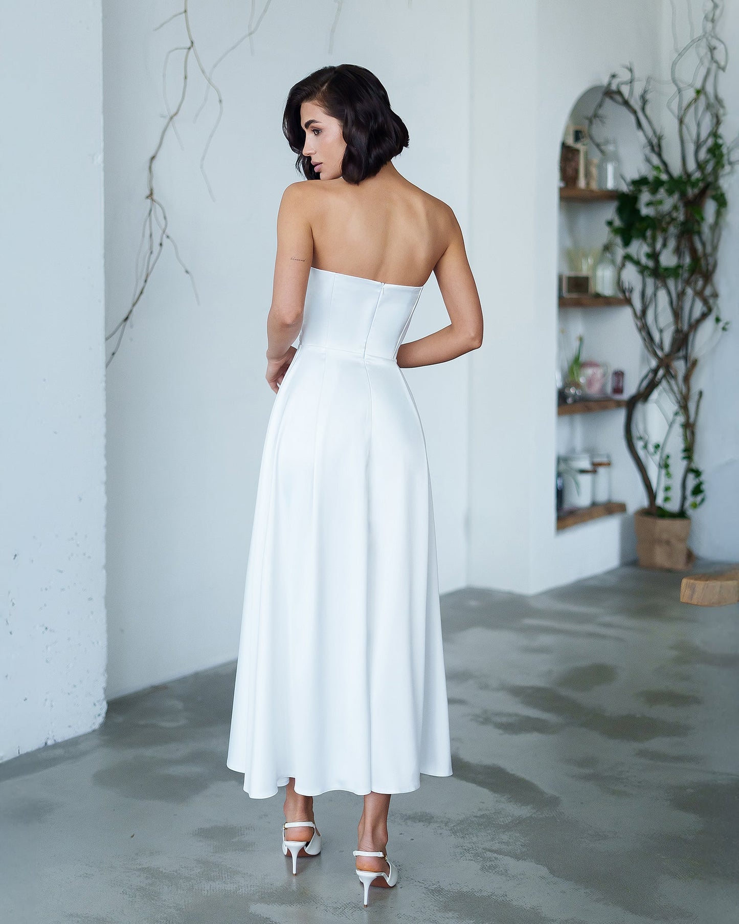 Nova White Satin Strapless Sweetheart Midi Dress