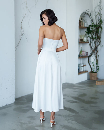 Nova White Satin Strapless Sweetheart Midi Dress