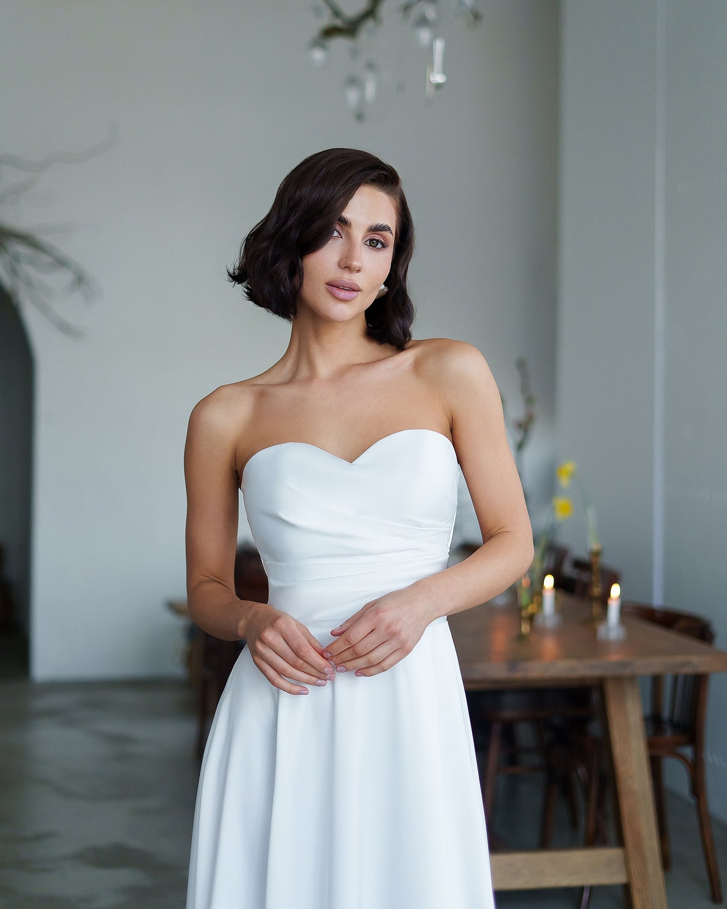 Nova White Satin Strapless Sweetheart Midi Dress