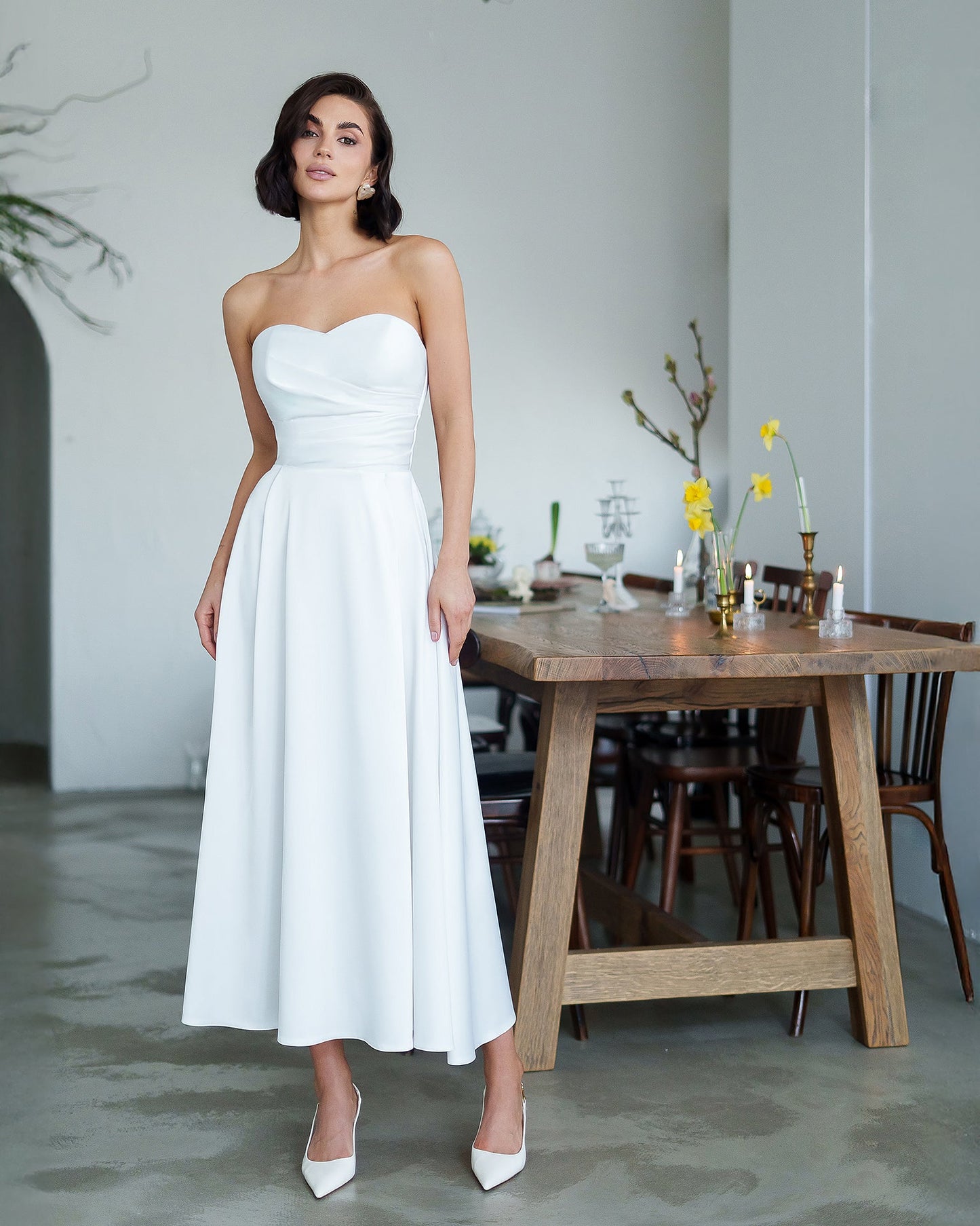 Nova White Satin Strapless Sweetheart Midi Dress