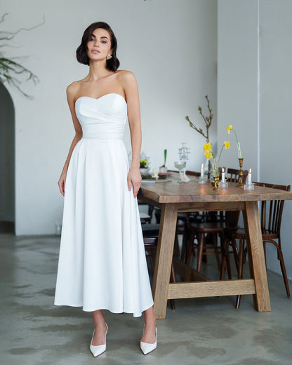 Nova White Satin Strapless Sweetheart Midi Dress