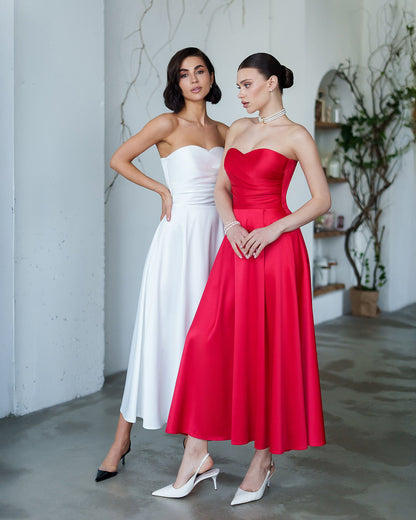 Nova Red Satin Strapless Sweetheart Midi Dress
