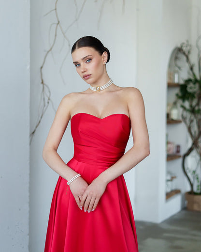 Nova Red Satin Strapless Sweetheart Midi Dress