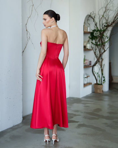 Nova Red Satin Strapless Sweetheart Midi Dress