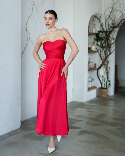 Nova Red Satin Strapless Sweetheart Midi Dress