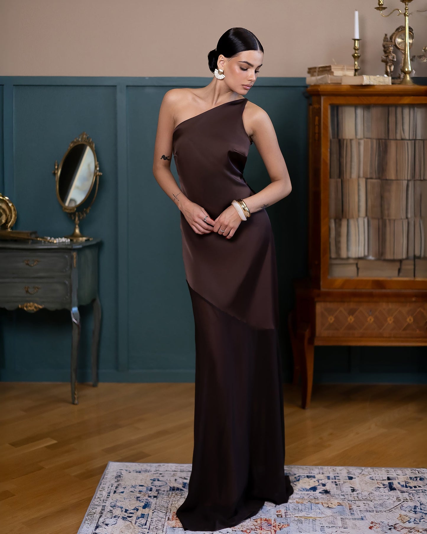 Liora Brown Satin One-Shoulder Backless Maxi Dress