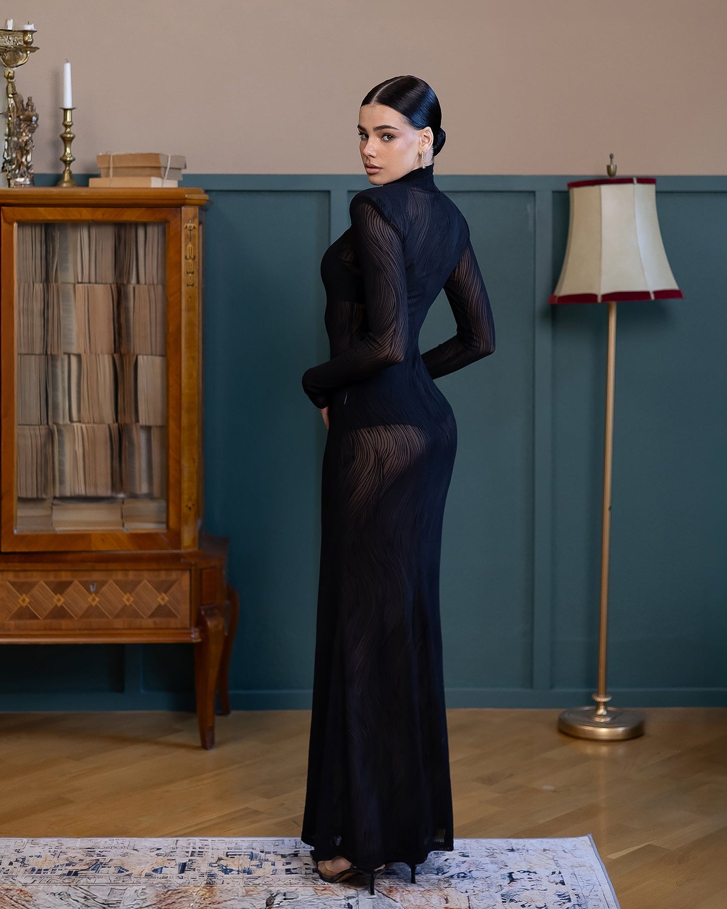 Lorena Black Sheer High-Neck Patterned Maxi Dress
