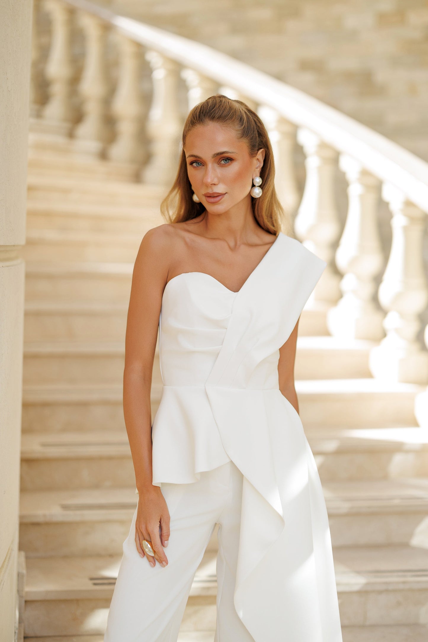 White One-Shoulder Asymmetric Top & High-Waist Pants