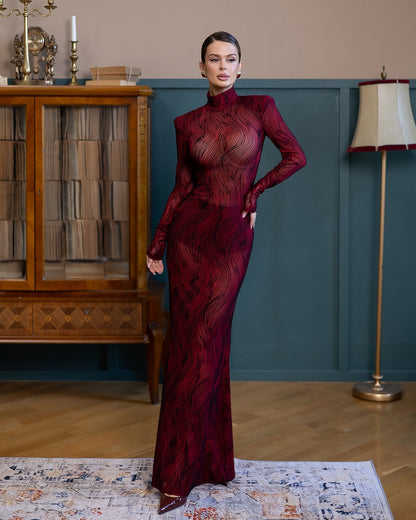 Lorena Red Sheer High-Neck Patterned Maxi Dress