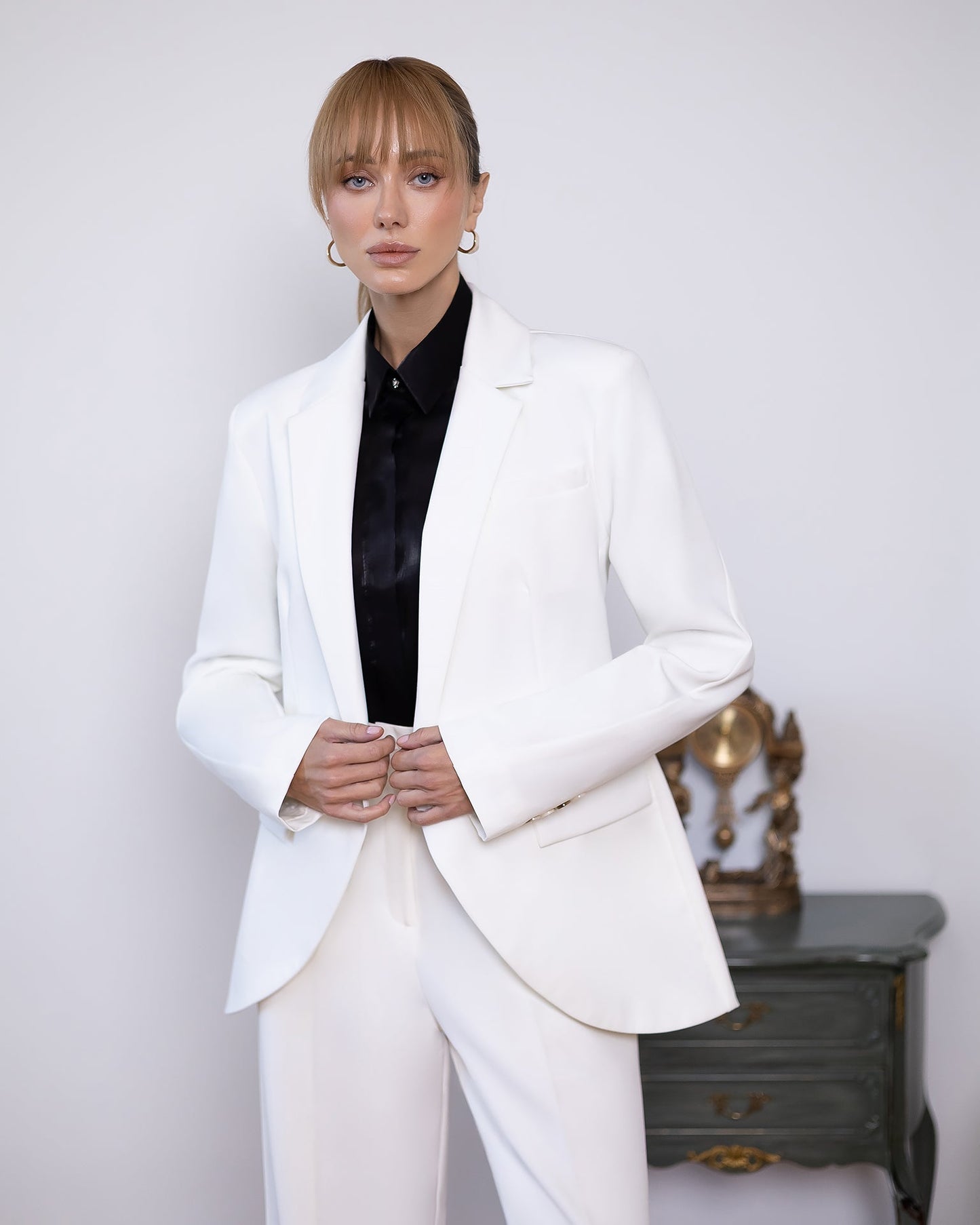 Liora White Double-Breasted Curved-Hem Suit 2-Piece
