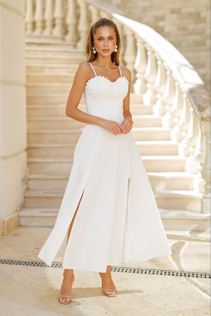 White Shell-Pleated Bustier Spaghetti Strap Midi Dress