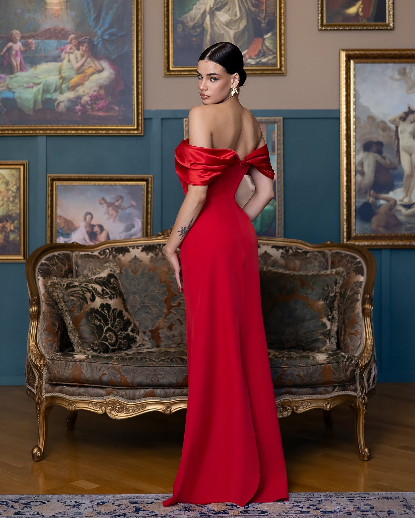 Léa Red Off-the-Shoulder Draped Maxi Dress