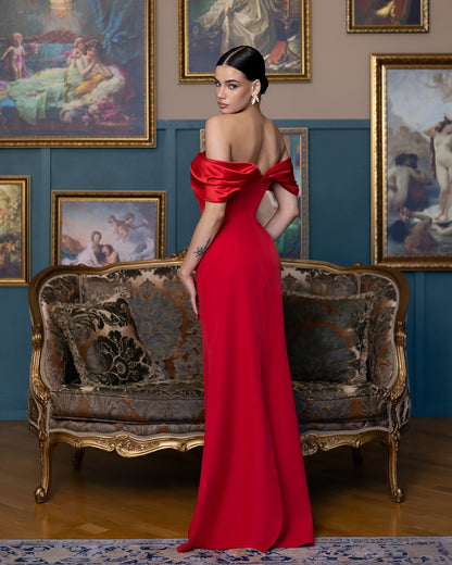 Léa Red Off-the-Shoulder Draped Maxi Dress
