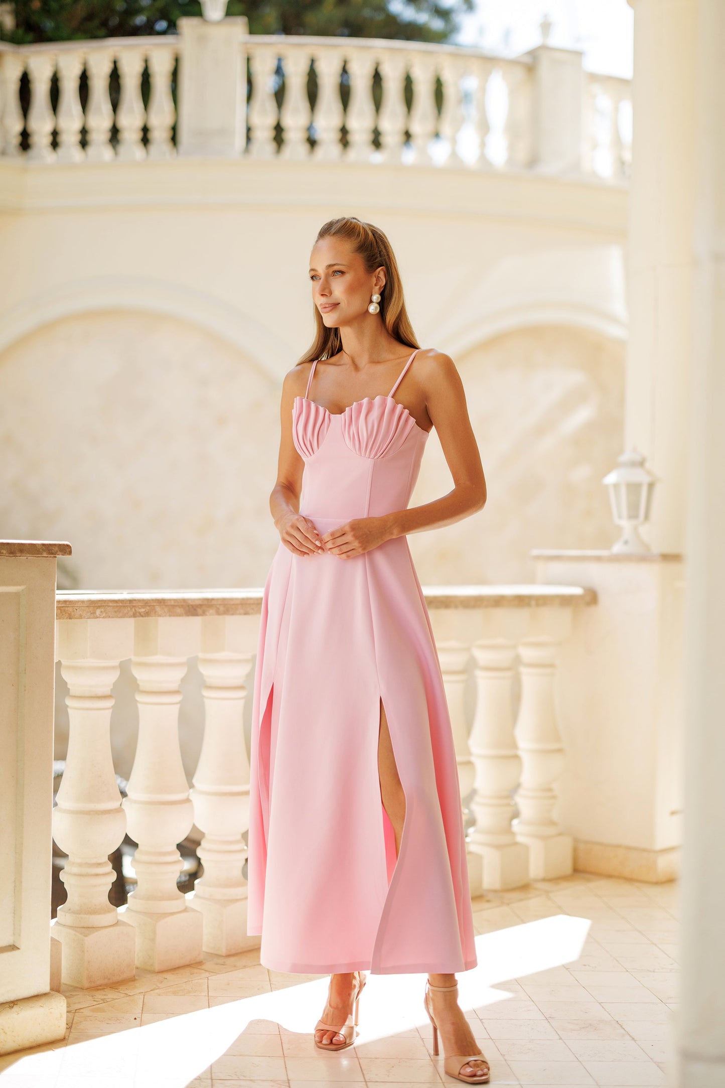 Pink Shell-Pleated Bustier Spaghetti Strap Midi Dress