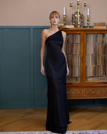 Liora Black Satin One-Shoulder Backless Maxi Dress