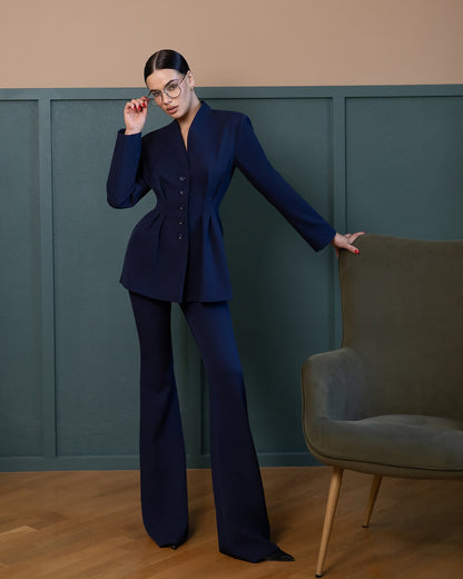Serena Navy Single-Breasted Sculpted-Waist Suit 2-Piece