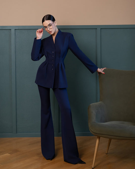 Serena Navy Single-Breasted Sculpted-Waist Suit 2-Piece