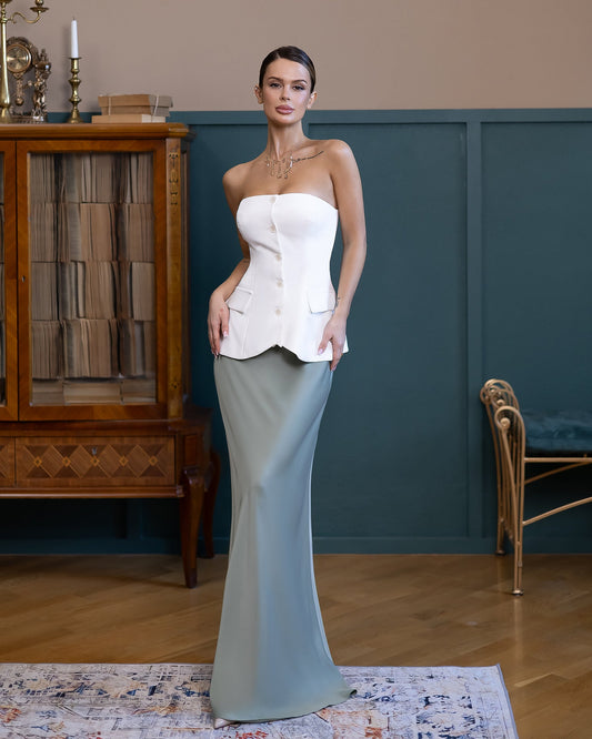 Inès White Strapless Button-Front Peplum Top