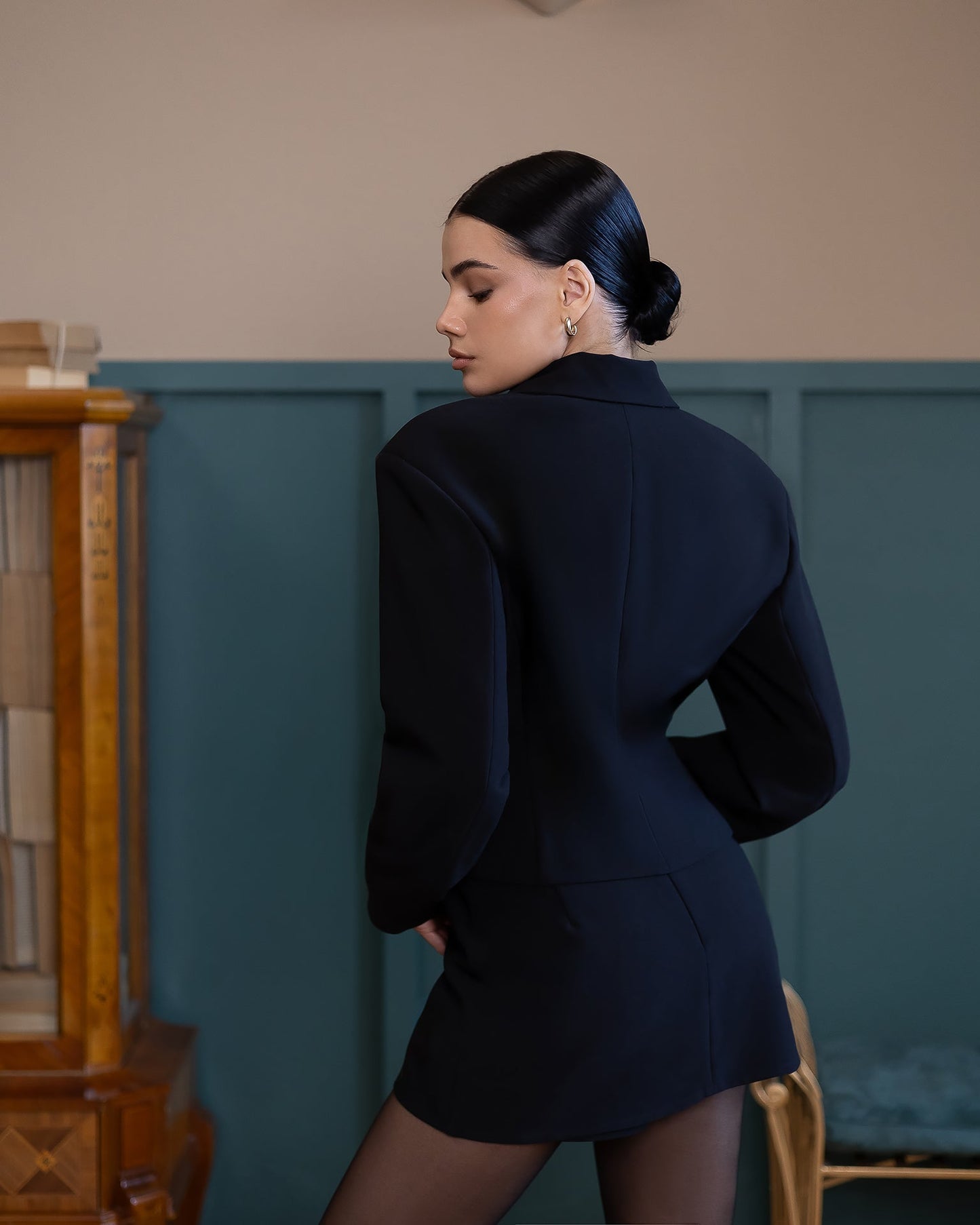 Elara Black Cropped Button-Up Jacket & Mini Skirt Suit 2-Piece