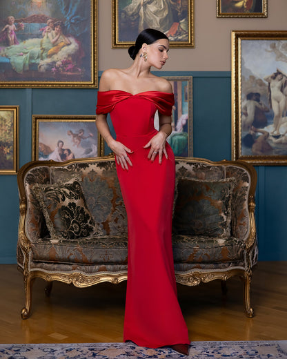 Léa Red Off-the-Shoulder Draped Maxi Dress