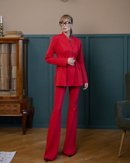 Serena Red Single-Breasted Sculpted-Waist Suit 2-Piece