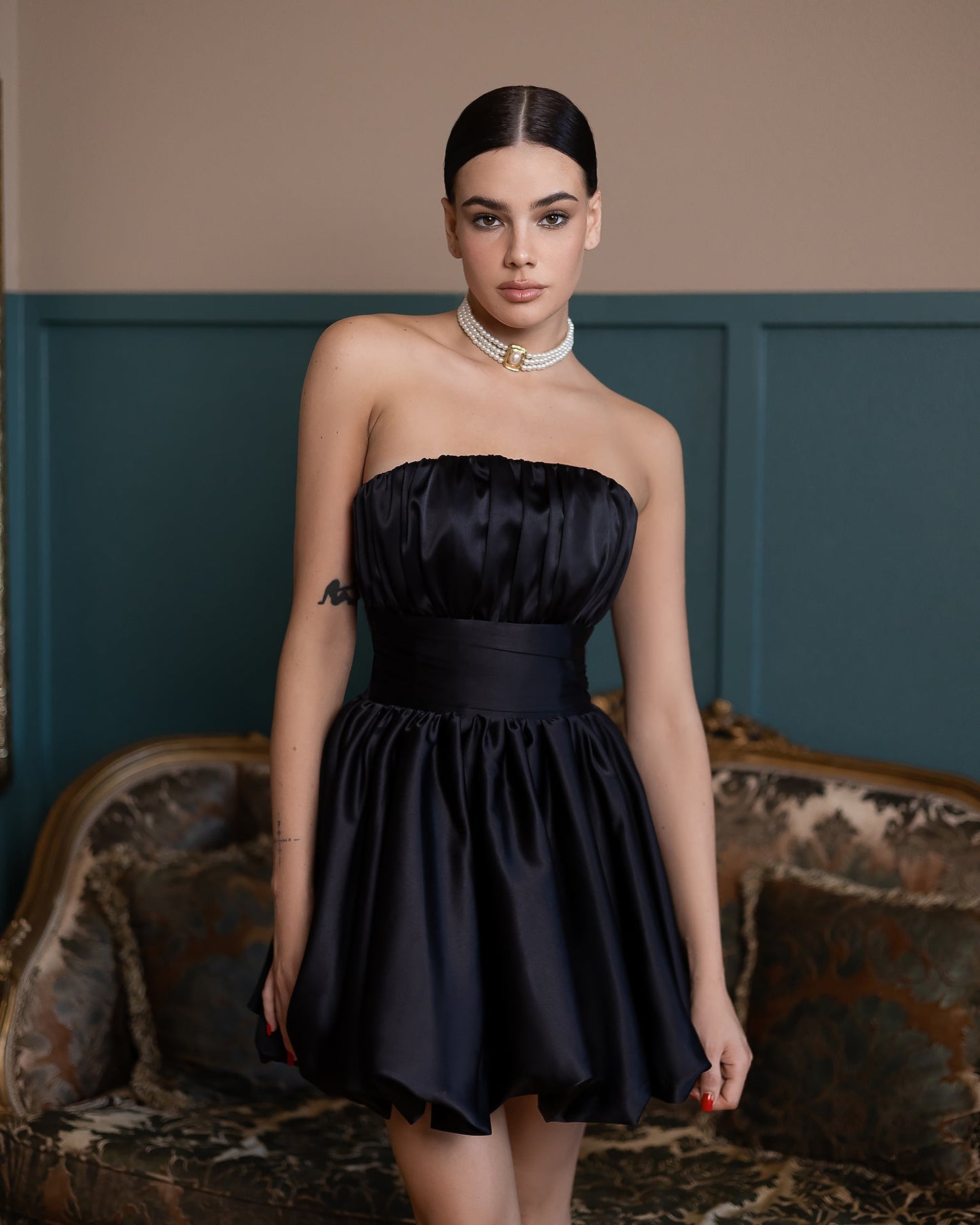 Monica Black Satin Strapless Mini Dress
